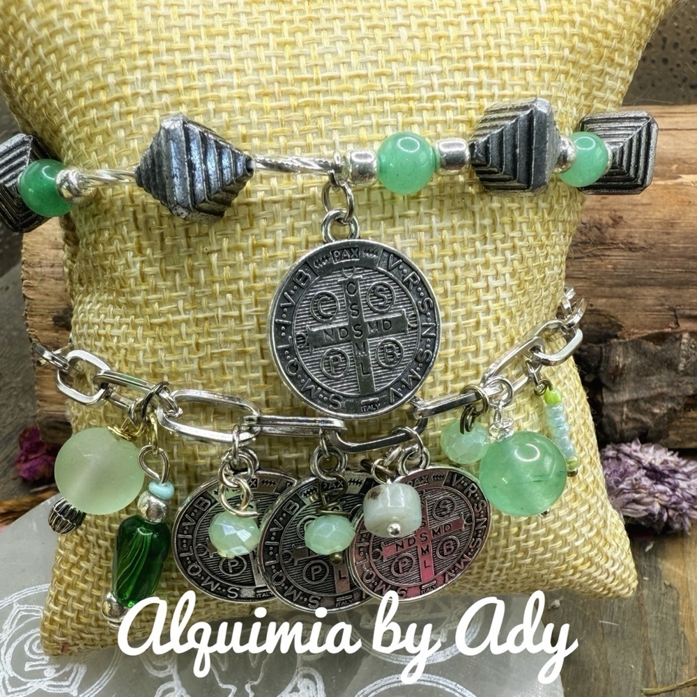 Green Aventurine and Saint Benedict medals charms eclectic bracelet set